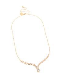 Stunning gold plated graduating cubic zirconia small y-necklace front view - link has visual effect only
