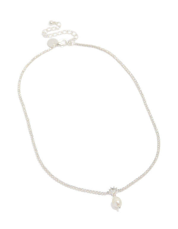 Silver Plated Cubic Zirconia & Freshwater Pearl Tennis Necklace