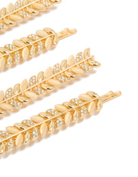 Crafted from gold with diamante vine clips in a 4-pack showcasing leaf details and dainty statement style detail view - link has visual effect only