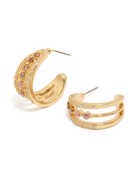 Gold Plated Cubic Zirconia Triple Hoop Medium Earrings - link has visual effect only