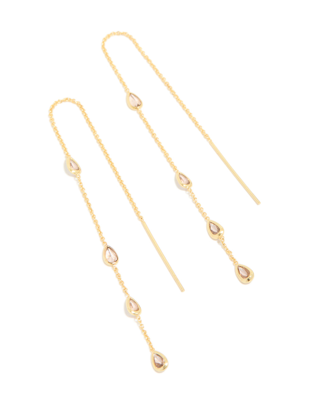 Gold Plated Pink Cubic Zirconia  Pear Station Threader Earrings