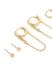 Beautifully crafted gold plated cubic zirconia chain and bezel hoop earrings 4-pack crystal elements and hoop closures close up view - link has visual effect only