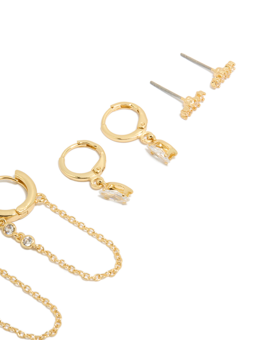Explore this gold plated cubic zirconia chain and bezel hoop earrings 4-pack showcasing charm crystal details with hoop closures post detail view
