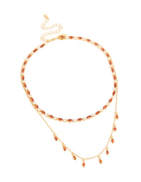 Gold Plated  Red  Cubic Zirconia  Tennis & Teardrop Charms Layer Necklace - link has visual effect only