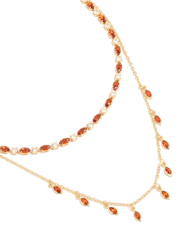 Gold Plated  Red  Cubic Zirconia  Tennis & Teardrop Charms Layer Necklace