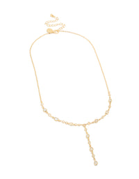 Featuring a gold plated cubic zirconia alternating Y-necklace in statement style front view - link has visual effect only