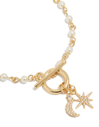 Gold Plated Pearl & Cubic Zirconia Star Moon Fob Bracelet - link has visual effect only