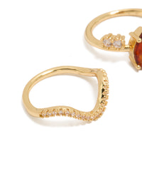 Gold Plated Red  Cubic Zirconia Teardrop & Wavy Rings 3-Pack - link has visual effect only