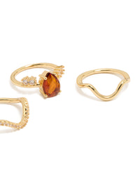 Gold Plated Red  Cubic Zirconia Teardrop & Wavy Rings 3-Pack - link has visual effect only