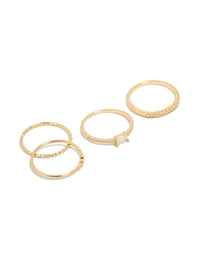 Showcasing gold plated cubic zirconia square bezel and fine band rings 4-pack in stackable statement style front view - link has visual effect only