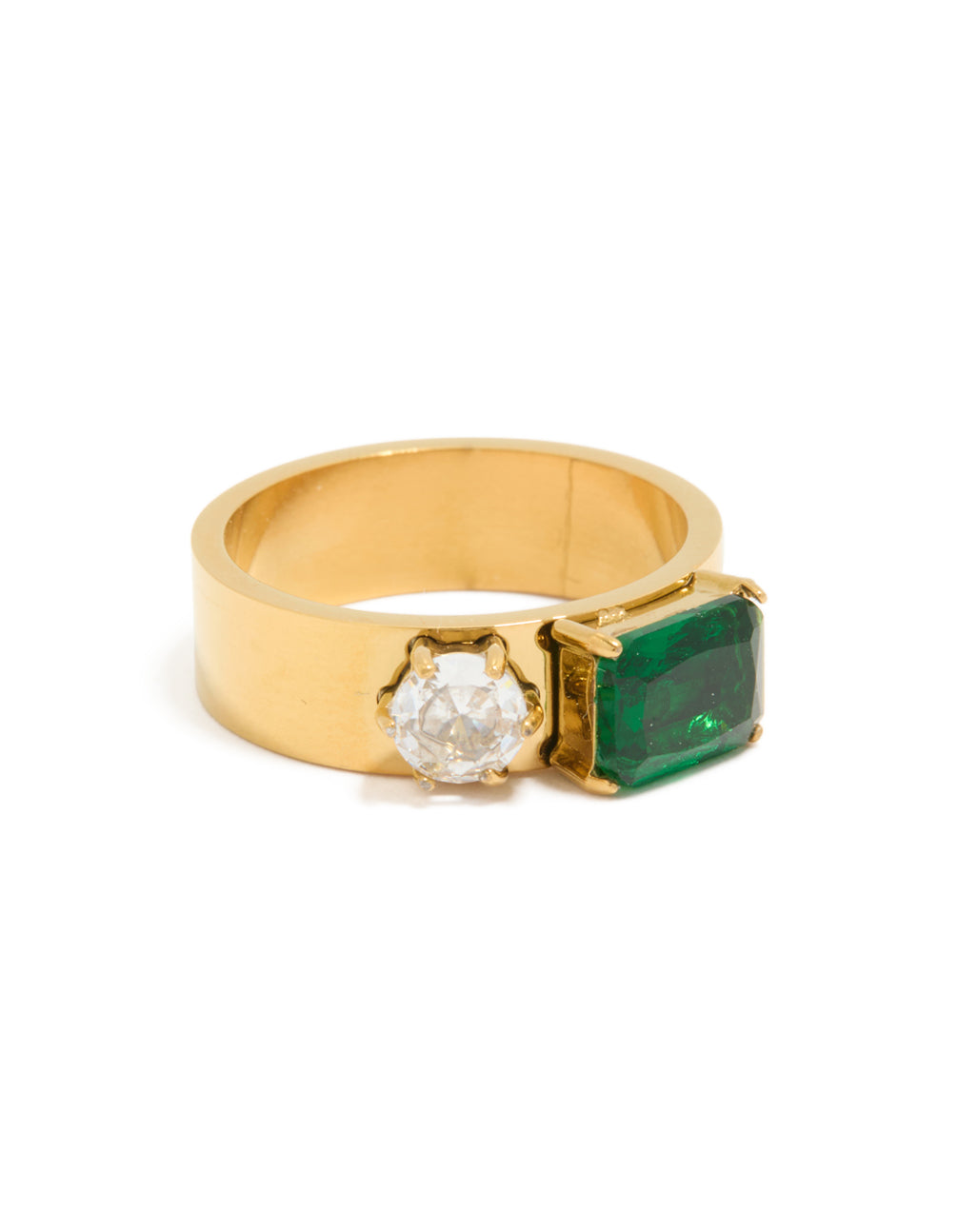 Showcasing a waterproof gold plated stainless steel thick band ring featuring clear and green cubic zirconia in a statement style front view