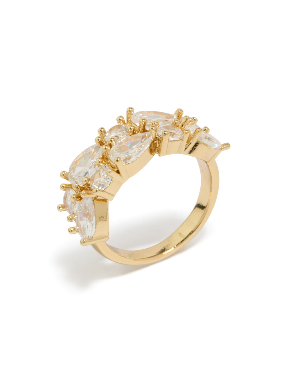 Highlighting the structural design of a gold plated statement band ring featuring pear cut cubic zirconia stones in white side detail view