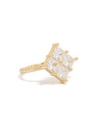 Featuring a gold plated statement ring with cubic zirconia textured square design in clear side detail view - link has visual effect only