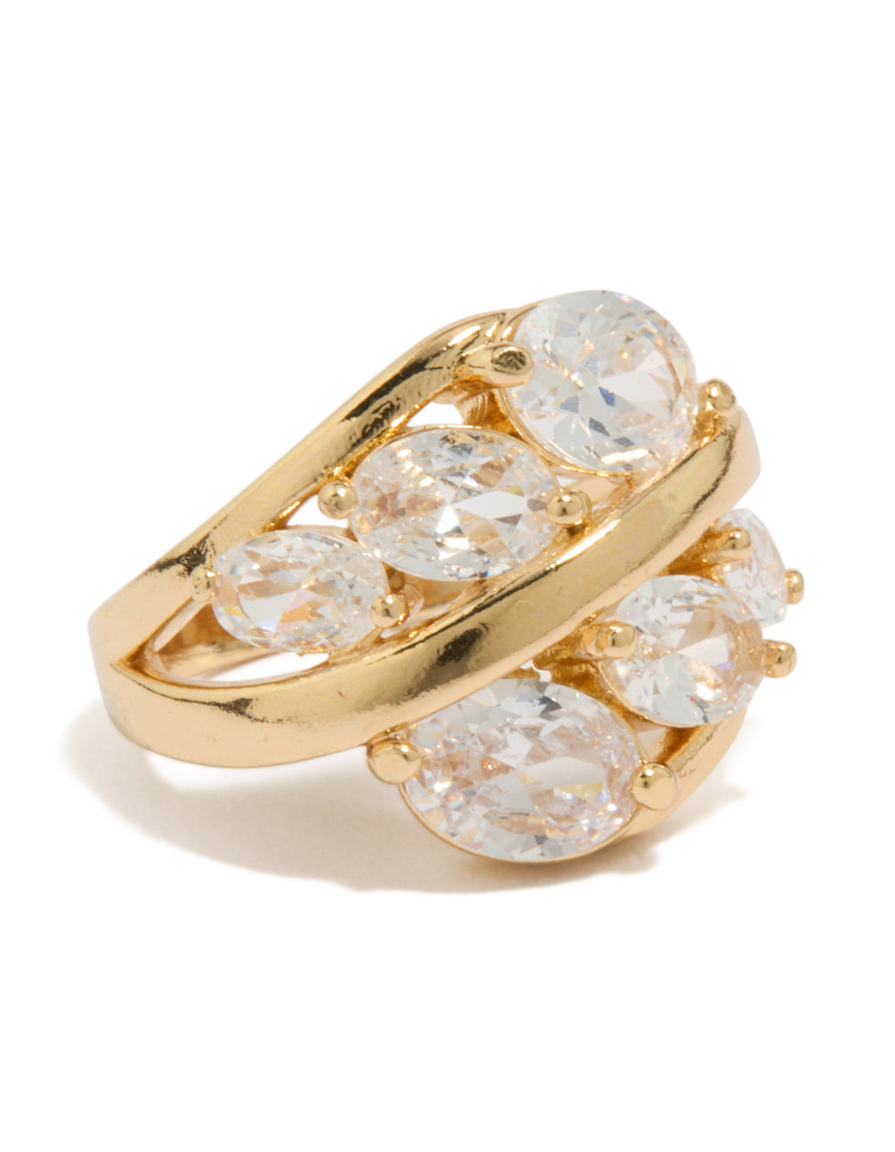 Showcasing a gold plated cubic zirconia oval clusters layered ring with statement design front view