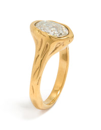Showcasing waterproof gold plated stainless steel oval cubic zirconia molten ring with crystal in statement style side detail view - link has visual effect only