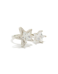 Showcasing a silver cubic zirconia statement ring featuring celestial star motifs front view - link has visual effect only