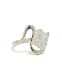 Showcasing a waterproof stainless steel wavy cubic zirconia statement ring crafted from crystal in silver and clear front view - link has visual effect only