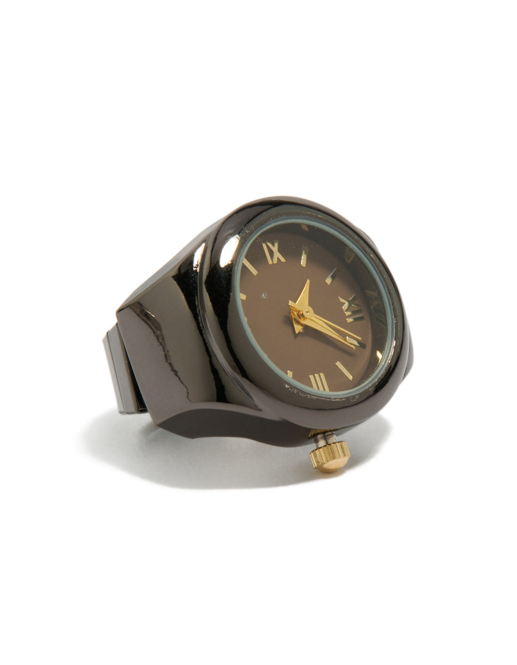 Showcasing a statement watch ring featuring in gold and black side detail view