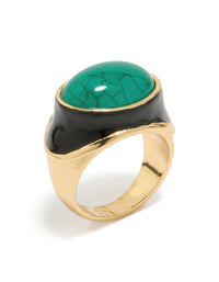 Featuring a gold plated ring with black enamel and chunky turquoise stone front view - link has visual effect only