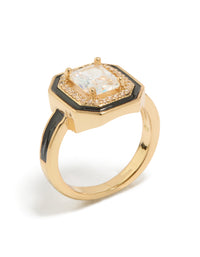 Gold Plated Black Enamel Outline Cushion Cut Cubic Zirconia  Ring - link has visual effect only