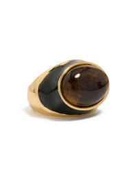 Showcasing a gold plated brown stone and black enamel ring in a statement style side detail view - link has visual effect only