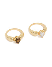 Showcasing gold plated cubic zirconia clear and brown puffy rings in a 2-pack with dainty styling front view - link has visual effect only