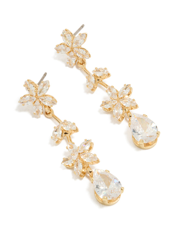 Showcasing gold cubic zirconia double floral drop earrings with statement style front view