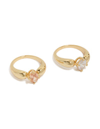 Gold Plated Cubic Zirconia Clear & Orange Puffy Rings 2-Pack - link has visual effect only