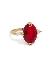 Showcasing a gold plated cubic zirconia large red oval statement ring with crystal accents front view - link has visual effect only