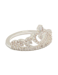 Stunning silver plated cubic zirconia princess heart ring with statement design front view - link has visual effect only