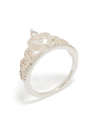 Elegant silver plated cubic zirconia princess heart ring featuring statement design side detail view - link has visual effect only