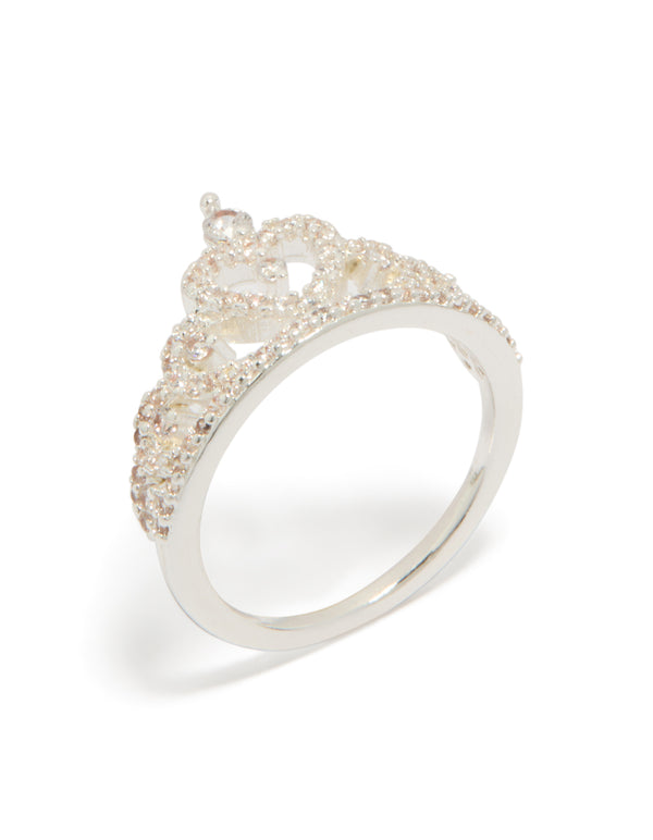 Elegant silver plated cubic zirconia princess heart ring featuring statement design side detail view