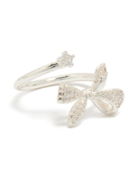 Featuring a bow crafted from silver plated material with clear cubic zirconia in dainty style wrap ring front view - link has visual effect only