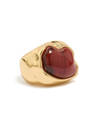 Showcasing a gold plated chunky molten burgundy stone ring with maroon accents front view - link has visual effect only