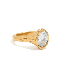 Showcasing a waterproof gold plated stainless steel oval cubic zirconia molten ring with crystal and statement design side detail view - link has visual effect only
