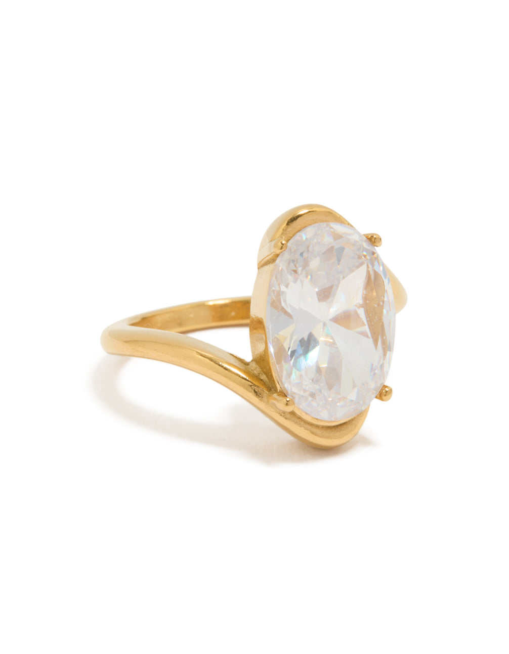 Showcasing a waterproof statement ring crafted from gold plated stainless steel with a large oval cubic zirconia crystal front view