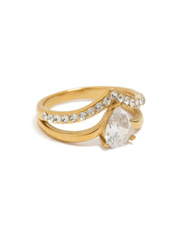 Showcasing a waterproof gold plated stainless steel ring featuring pear cut cubic zirconia in a statement layered design front view - link has visual effect only
