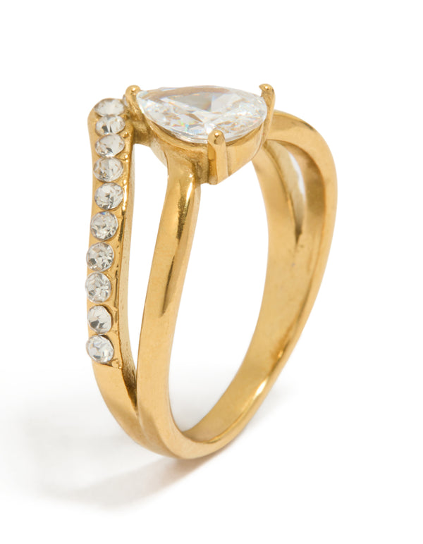 Beautifully crafted waterproof gold plated stainless steel ring with pear cut cubic zirconia in a statement layered design side detail view