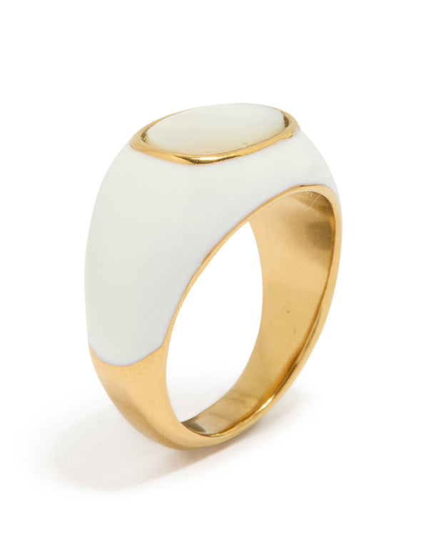 Showcasing waterproof gold plated stainless steel with white enamel shell ring side detail view