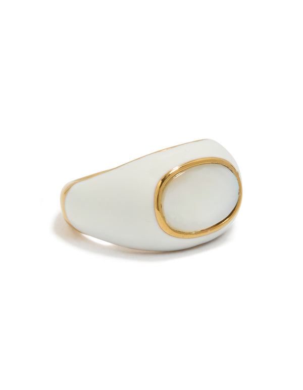Featuring waterproof gold plated stainless steel with white enamel shell ring front view