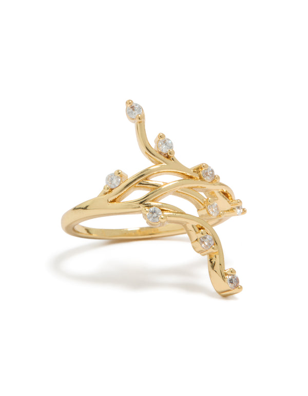 Showcasing a gold plated cubic zirconia statement floral vine ring in clear stone front view