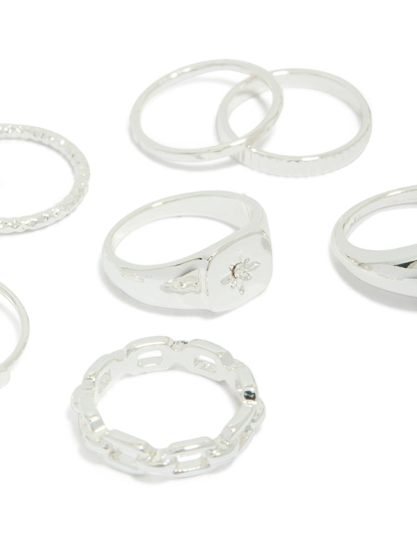 Featuring celestial dainty rings with bubble, chain, and star accents in silver close up view