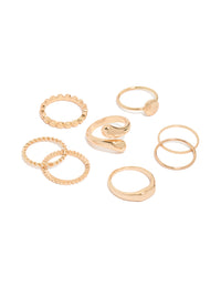 Featuring gold thin wrap circle and rectangle signet rings in an 8-pack In dainty styling front view - link has visual effect only