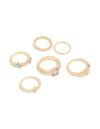 Gold Mixed Diamante & Twisted Rings 6-Pack - link has visual effect only