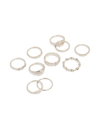 Discover this silver signet and ribbed rings 10-pack featuring celestial star details with dainty statement style front view - link has visual effect only