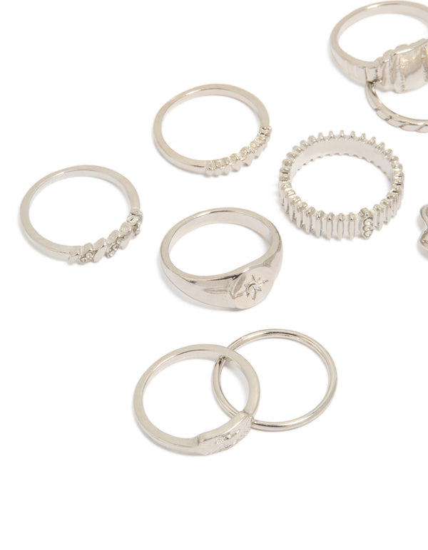 Crafted from silver, this signet and ribbed rings 10-pack with celestial star accents in dainty statement design close up view
