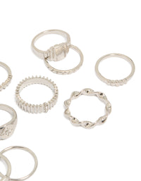 Explore this silver signet and ribbed rings 10-pack with celestial star detailing in dainty statement styling side detail view - link has visual effect only