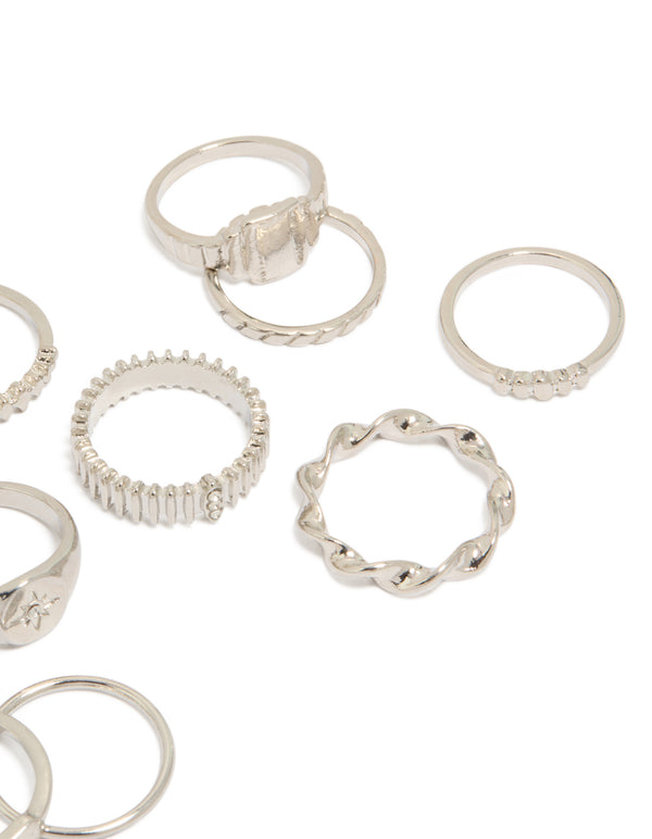 Explore this silver signet and ribbed rings 10-pack with celestial star detailing in dainty statement styling side detail view