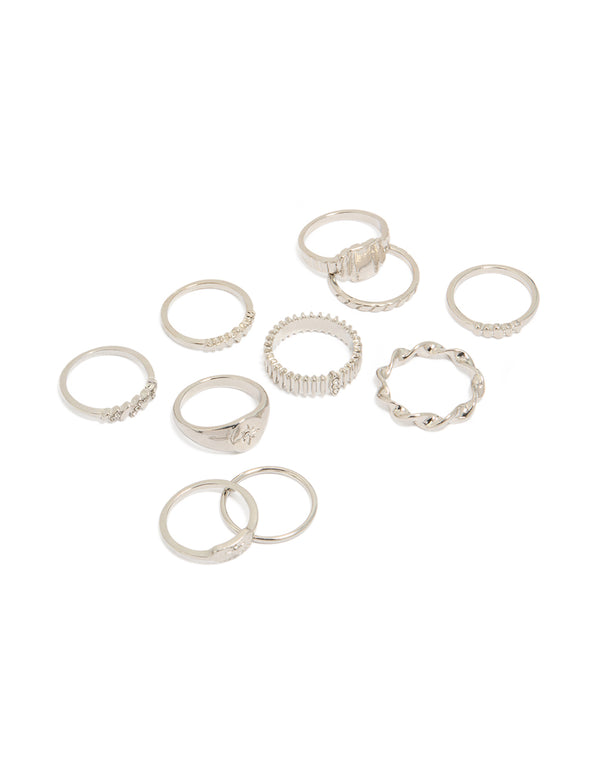 Discover this silver signet and ribbed rings 10-pack featuring celestial star details with dainty statement style front view