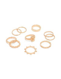 Showcasing a gold mixed textured signet rings 10-pack featuring beaded, oval and chunky styling front view - link has visual effect only